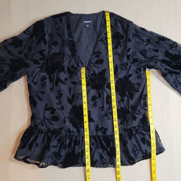 Express Top Black Floral Velvet Burnout Womens M Ruffles Sheer Sleeve Fairy Goth - Picture 4 of 10
